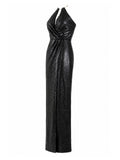 JS Collections black sequin halter gown side — designer formal dress KSA | SO. by Sora