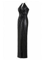 JS Collections black sequin halter gown side — designer formal dress KSA | SO. by Sora