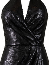 JS Collections draped sequin bodice detail — black halter neck gown KSA | SO. by Sora