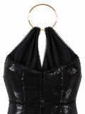JS Collections gold O-ring halter neckline — black sequin evening dress Saudi Arabia | SO. by Sora