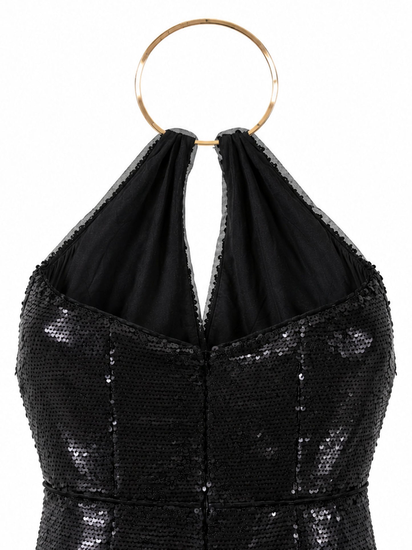 JS Collections gold O-ring halter neckline — black sequin evening dress Saudi Arabia | SO. by Sora