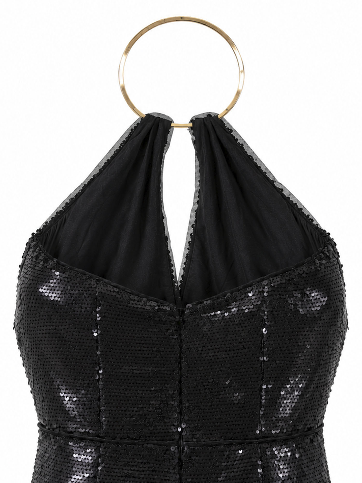 JS Collections gold O-ring halter neckline — black sequin evening dress Saudi Arabia | SO. by Sora