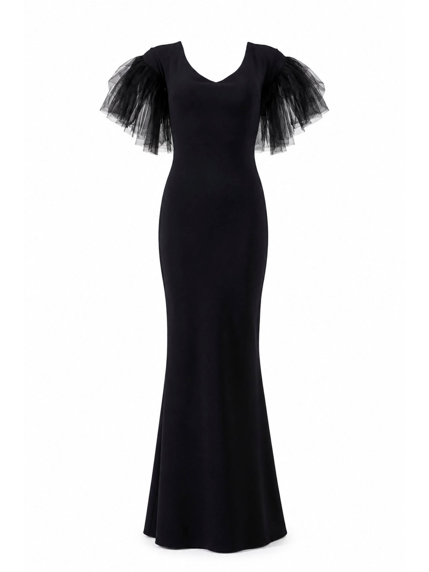 Chiara Boni La Petite Robe black crepe tulle-sleeve mermaid gown front — luxury dress Saudi Arabia | SO. by Sora