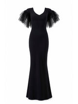 Chiara Boni La Petite Robe black crepe tulle-sleeve mermaid gown front — luxury dress Saudi Arabia | SO. by Sora