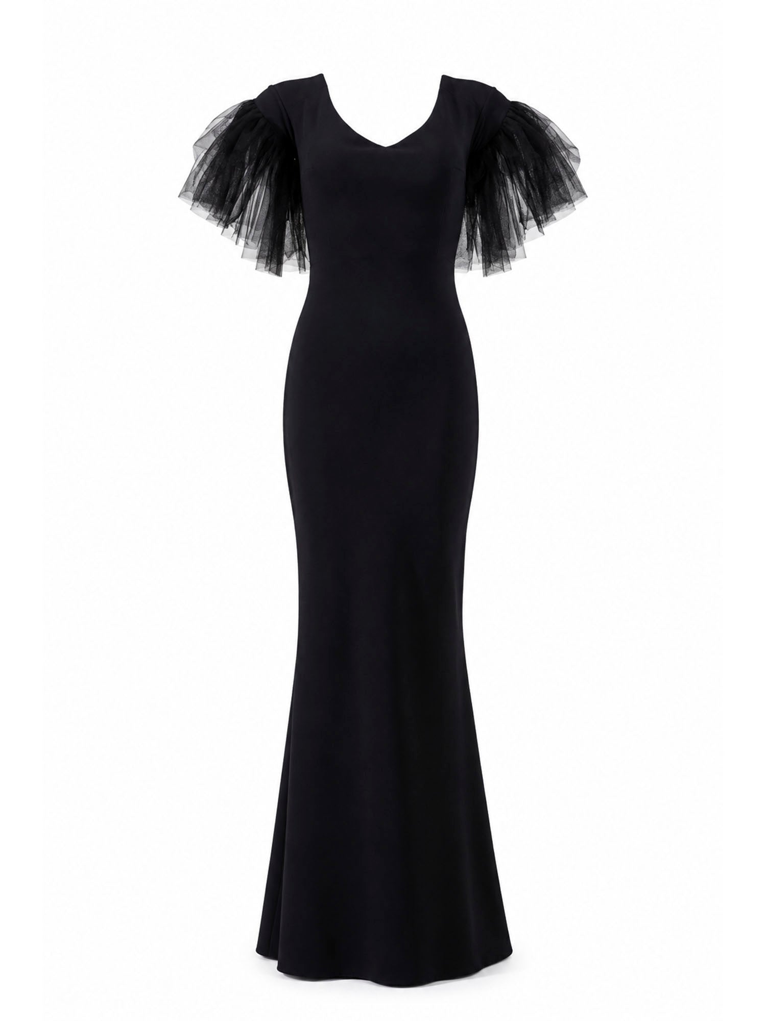 Chiara Boni La Petite Robe black crepe tulle-sleeve mermaid gown front — luxury dress Saudi Arabia | SO. by Sora