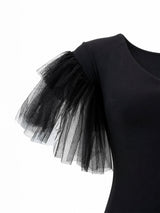 Chiara Boni La Petite Robe ruffled tulle sleeve detail — black crepe mermaid gown KSA | SO. by Sora
