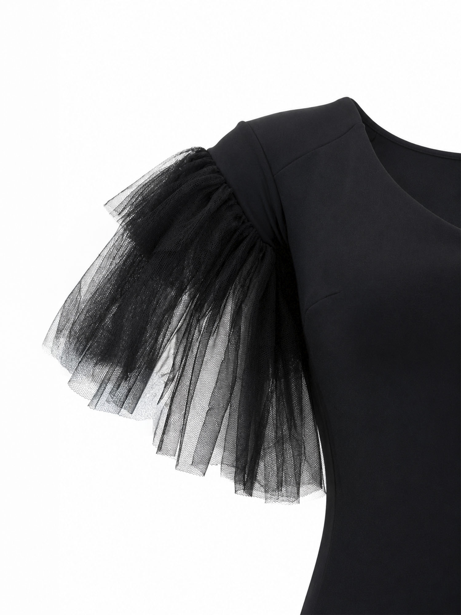 Chiara Boni La Petite Robe ruffled tulle sleeve detail — black crepe mermaid gown KSA | SO. by Sora