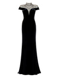 Tadashi Shoji black velvet beaded high-neck mermaid gown front — luxury dress Saudi Arabia | SO. by Sora