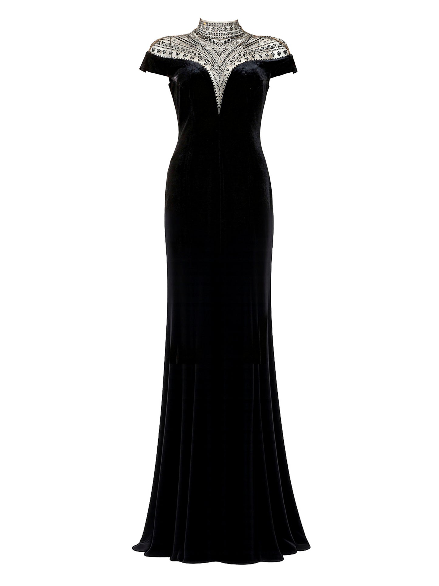 Tadashi Shoji black velvet beaded high-neck mermaid gown front — luxury dress Saudi Arabia | SO. by Sora