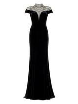 Tadashi Shoji black velvet beaded high-neck mermaid gown front — luxury dress Saudi Arabia | SO. by Sora