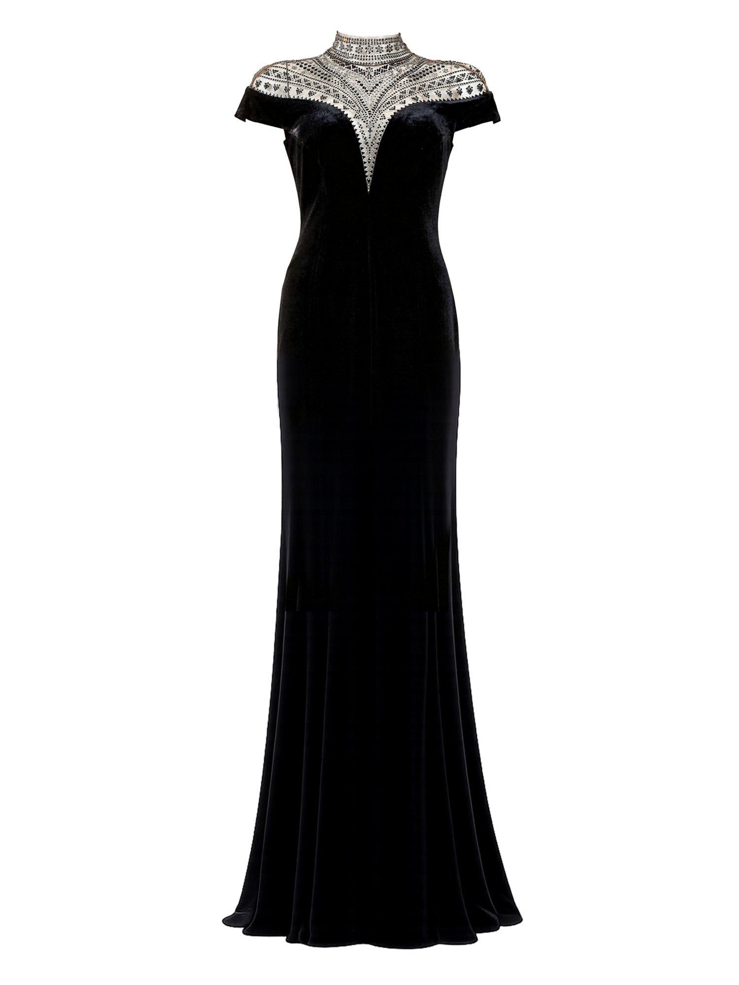 Tadashi Shoji black velvet beaded high-neck mermaid gown front — luxury dress Saudi Arabia | SO. by Sora