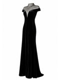Tadashi Shoji black velvet mermaid gown three-quarter view — designer dress KSA | SO. by Sora