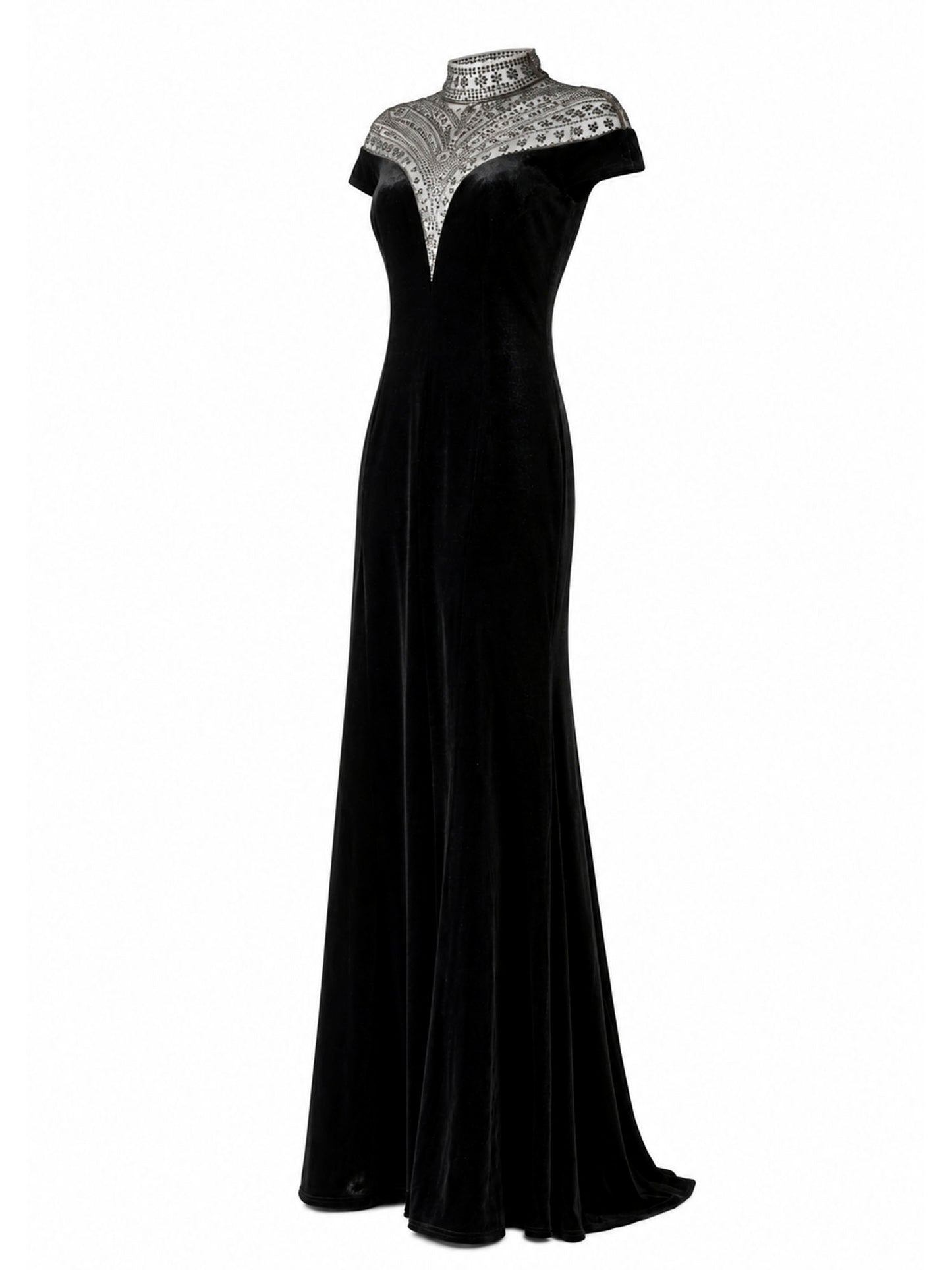 Tadashi Shoji black velvet mermaid gown three-quarter view — designer dress KSA | SO. by Sora