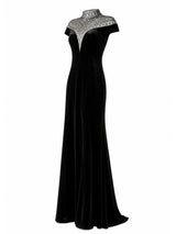 Tadashi Shoji black velvet mermaid gown three-quarter view — designer dress KSA | SO. by Sora
