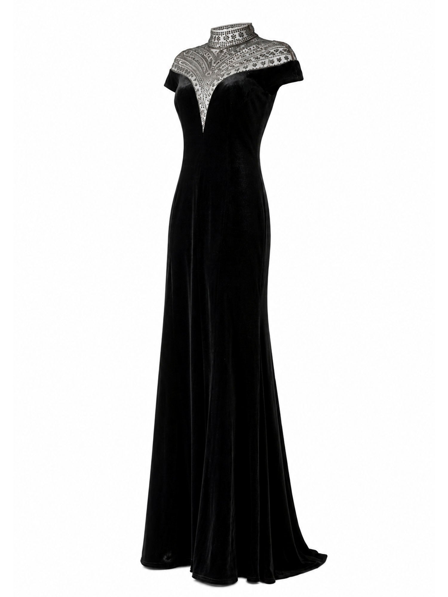 Tadashi Shoji black velvet mermaid gown three-quarter view — designer dress KSA | SO. by Sora