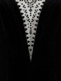 Tadashi Shoji beaded illusion neckline detail — black velvet mermaid gown | SO. by Sora
