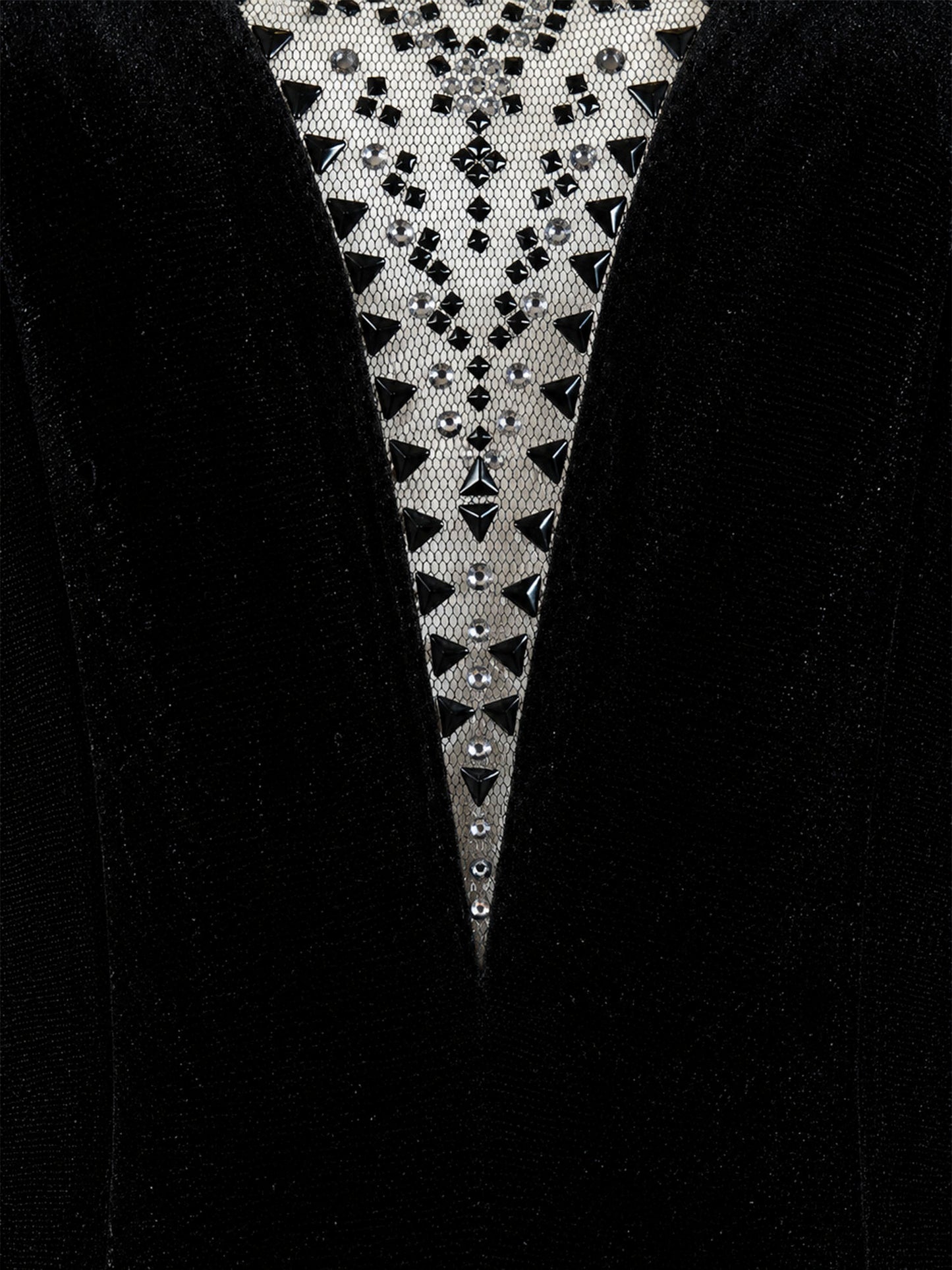 Tadashi Shoji beaded illusion neckline detail — black velvet mermaid gown | SO. by Sora