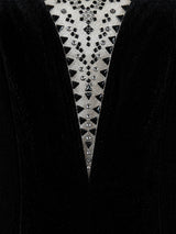 Tadashi Shoji beaded illusion neckline detail — black velvet mermaid gown | SO. by Sora