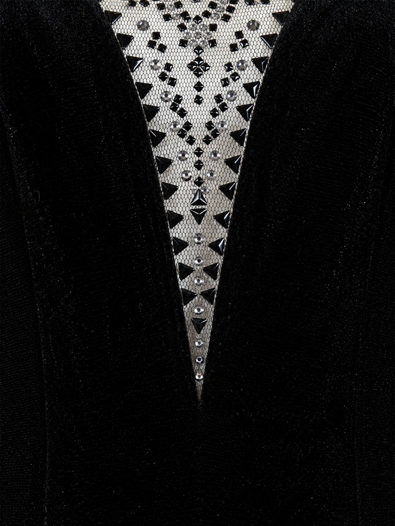 Tadashi Shoji beaded illusion neckline detail — black velvet mermaid gown | SO. by Sora