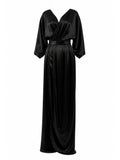 Black Halo Eve satin wrap gown front — luxury designer dress Saudi Arabia | SO. by Sora
