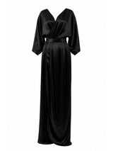 Black Halo Eve satin wrap gown front — luxury designer dress Saudi Arabia | SO. by Sora
