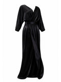 Black Halo Eve satin wrap gown angled view — designer evening dress KSA | SO. by Sora