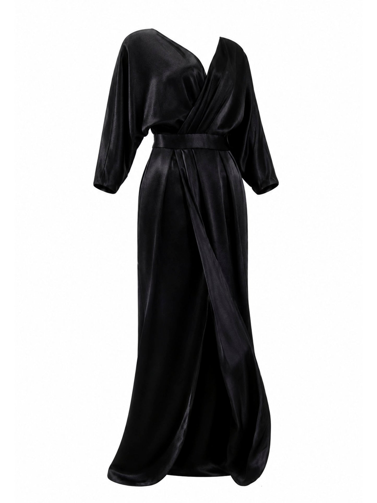Black Halo Eve satin wrap gown angled view — designer evening dress KSA | SO. by Sora