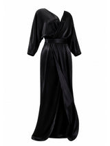 Black Halo Eve satin wrap gown angled view — designer evening dress KSA | SO. by Sora