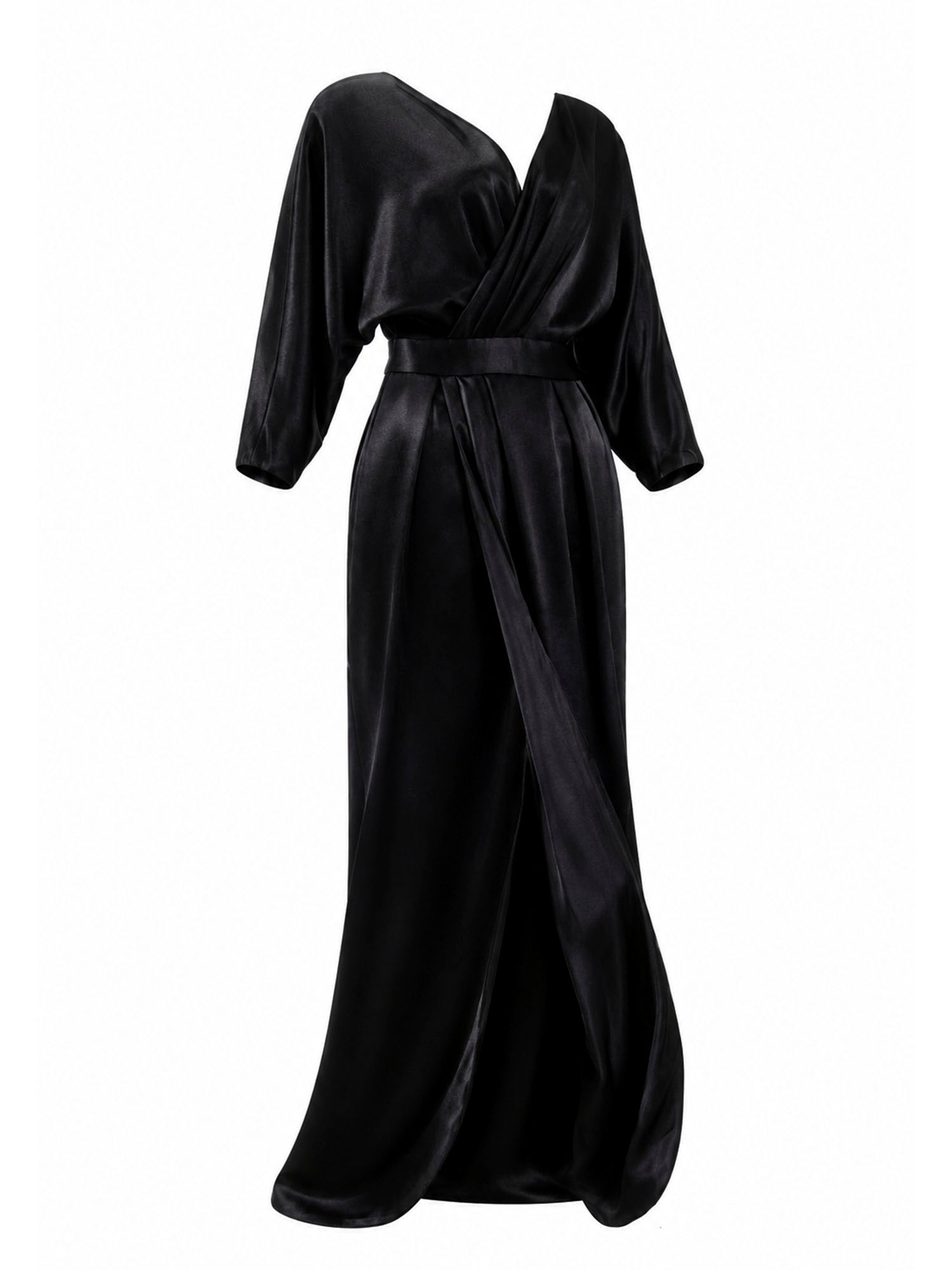Black Halo Eve satin wrap gown angled view — designer evening dress KSA | SO. by Sora
