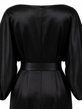 Black Halo Eve back belt and drape detail — satin wrap gown | SO. by Sora