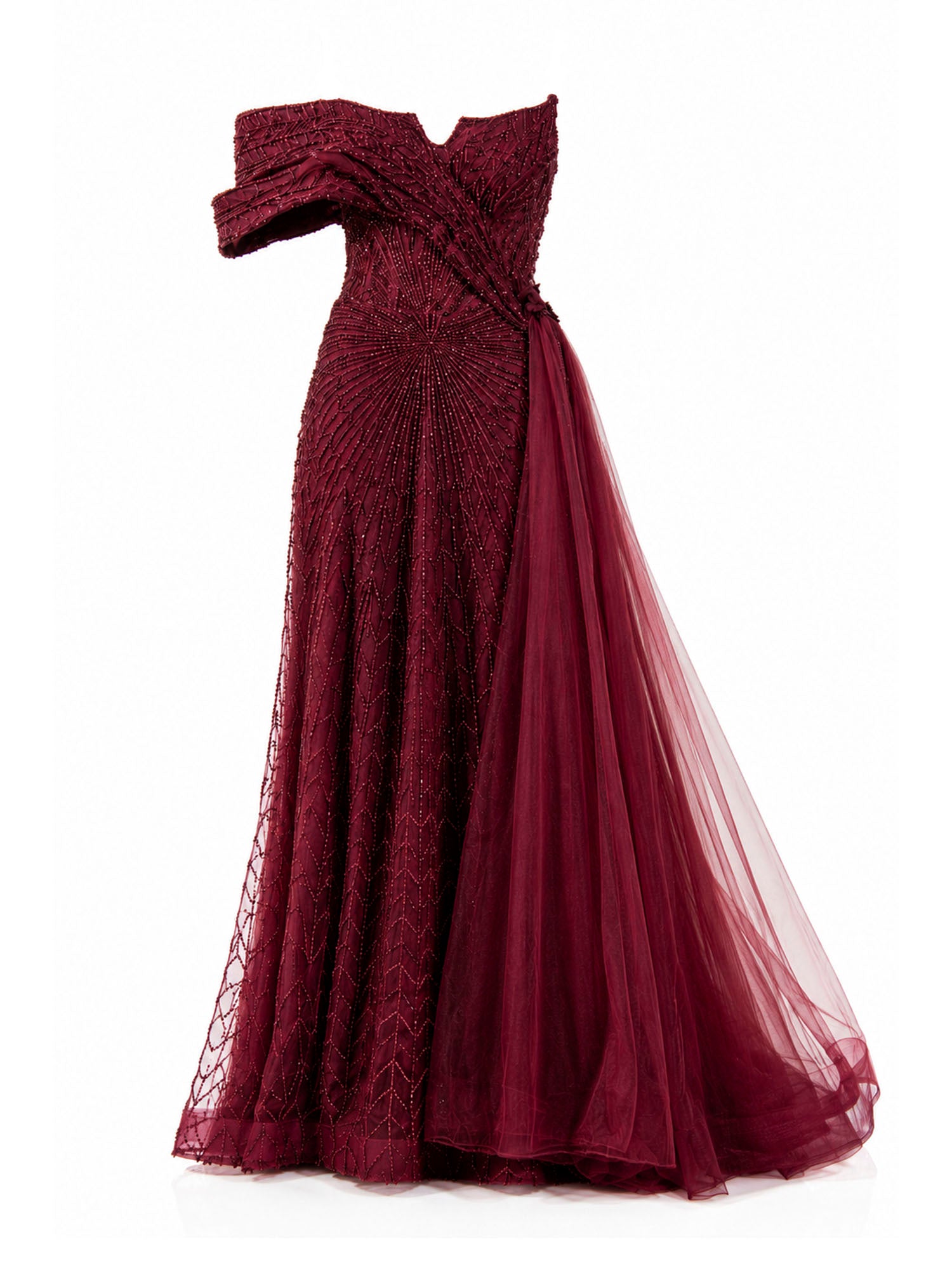 Burgundy beaded off-shoulder evening gown front — luxury dress Saudi Arabia | SO. by Sora