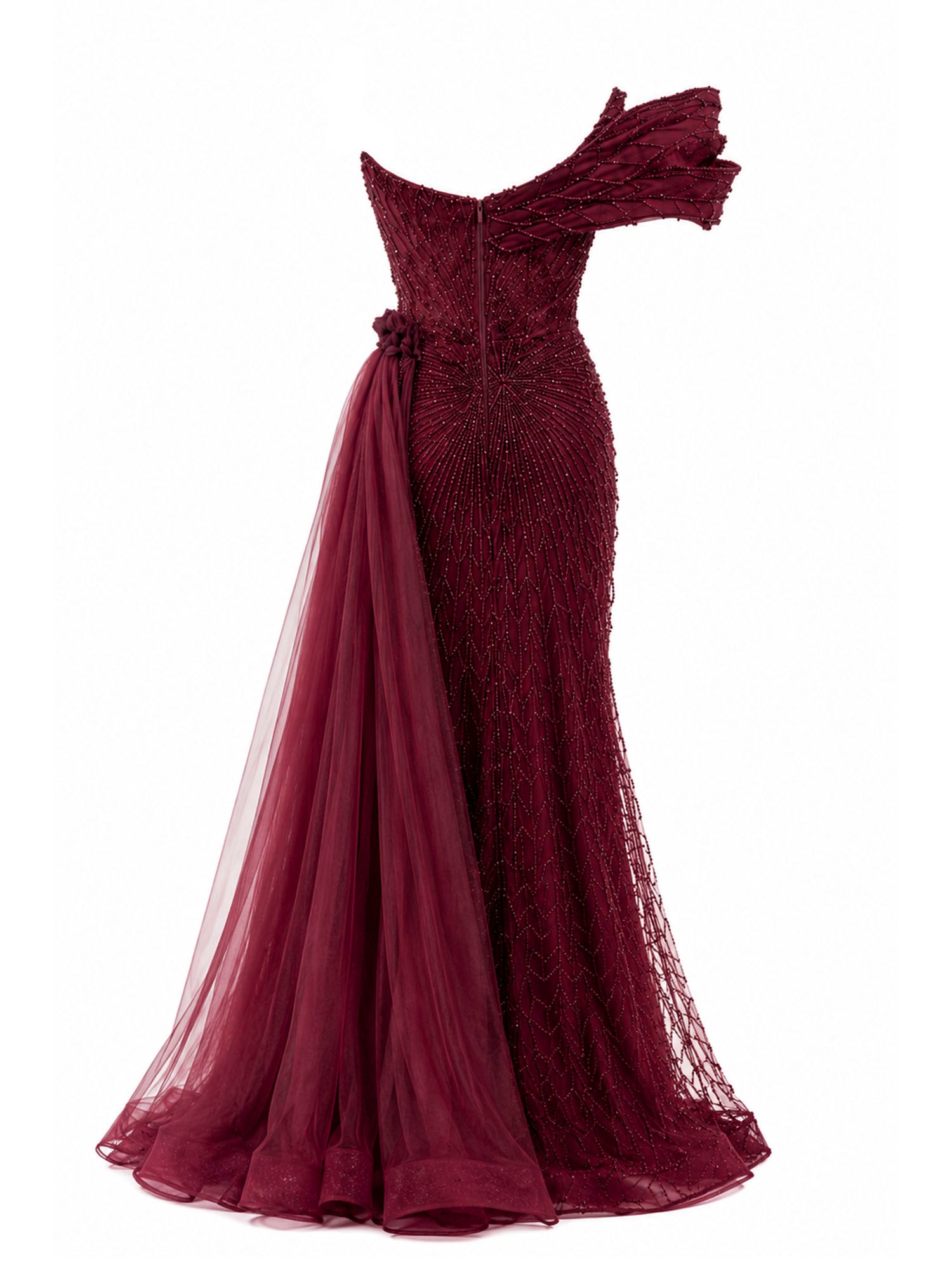 Burgundy beaded gown angled view — designer evening dress KSA | SO. by Sora