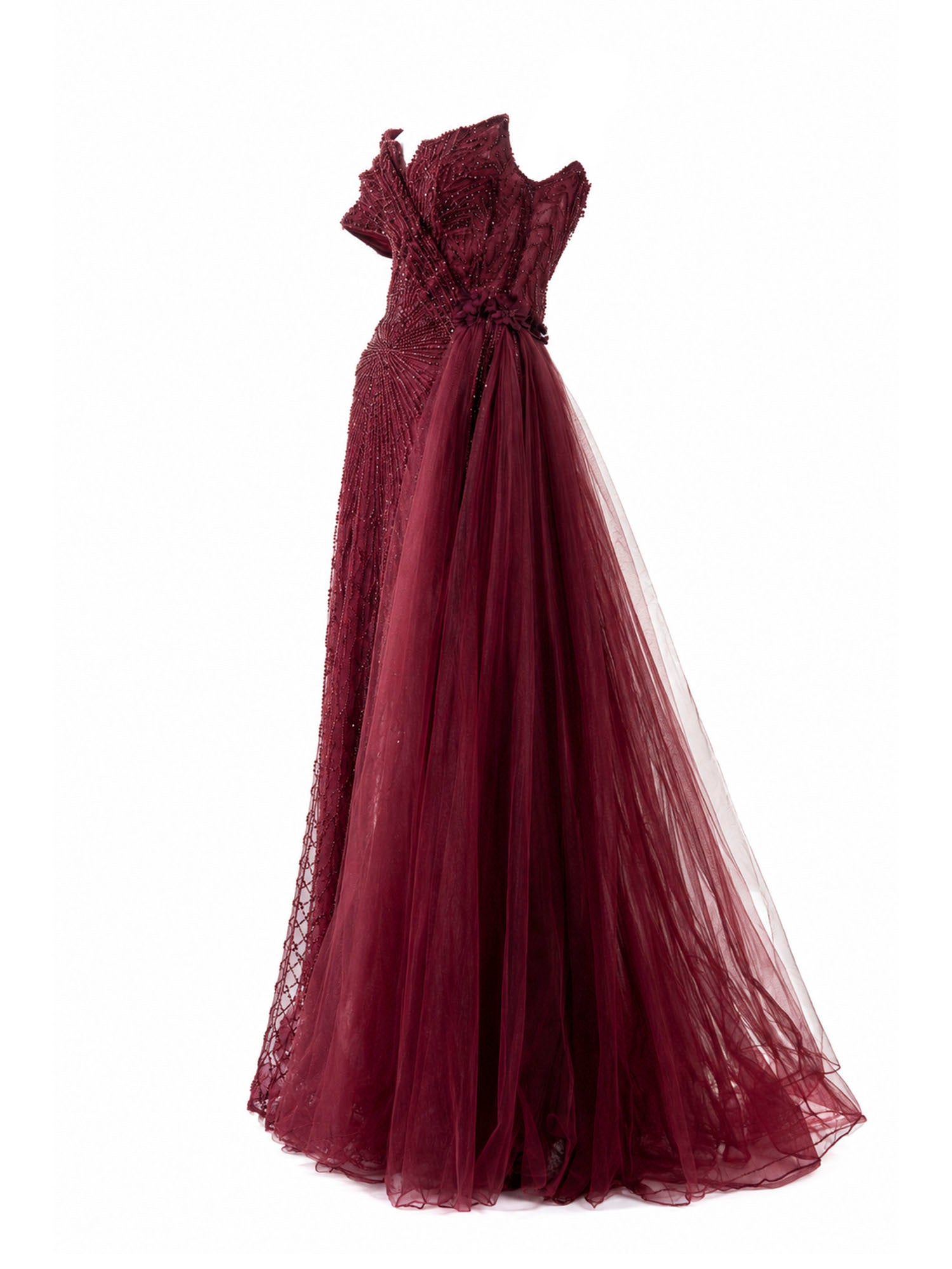 Burgundy tulle overskirt gown side view — off-shoulder formal dress Saudi Arabia | SO. by Sora
