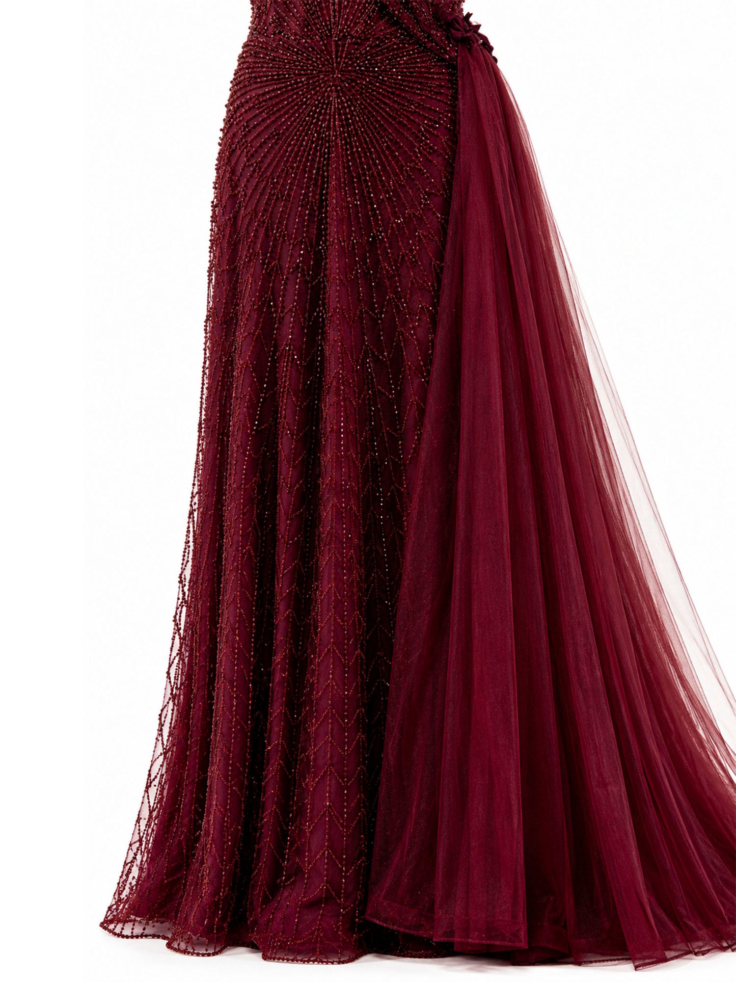 Sunburst beadwork and skirt detail — burgundy evening gown | SO. by Sora