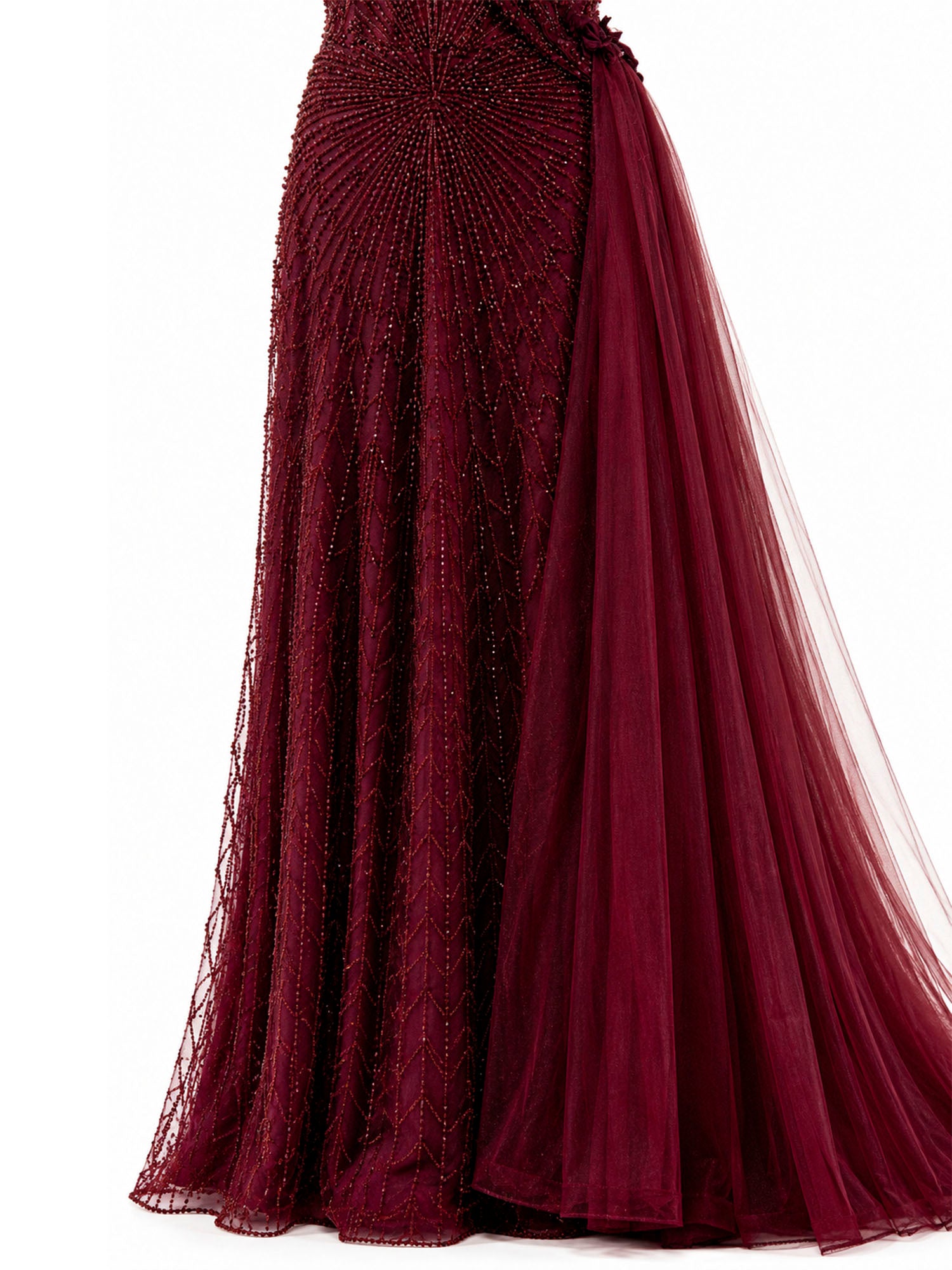 Sunburst beadwork and skirt detail — burgundy evening gown | SO. by Sora