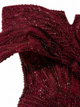 Off-shoulder beaded bodice closeup — burgundy formal dress KSA | SO. by Sora