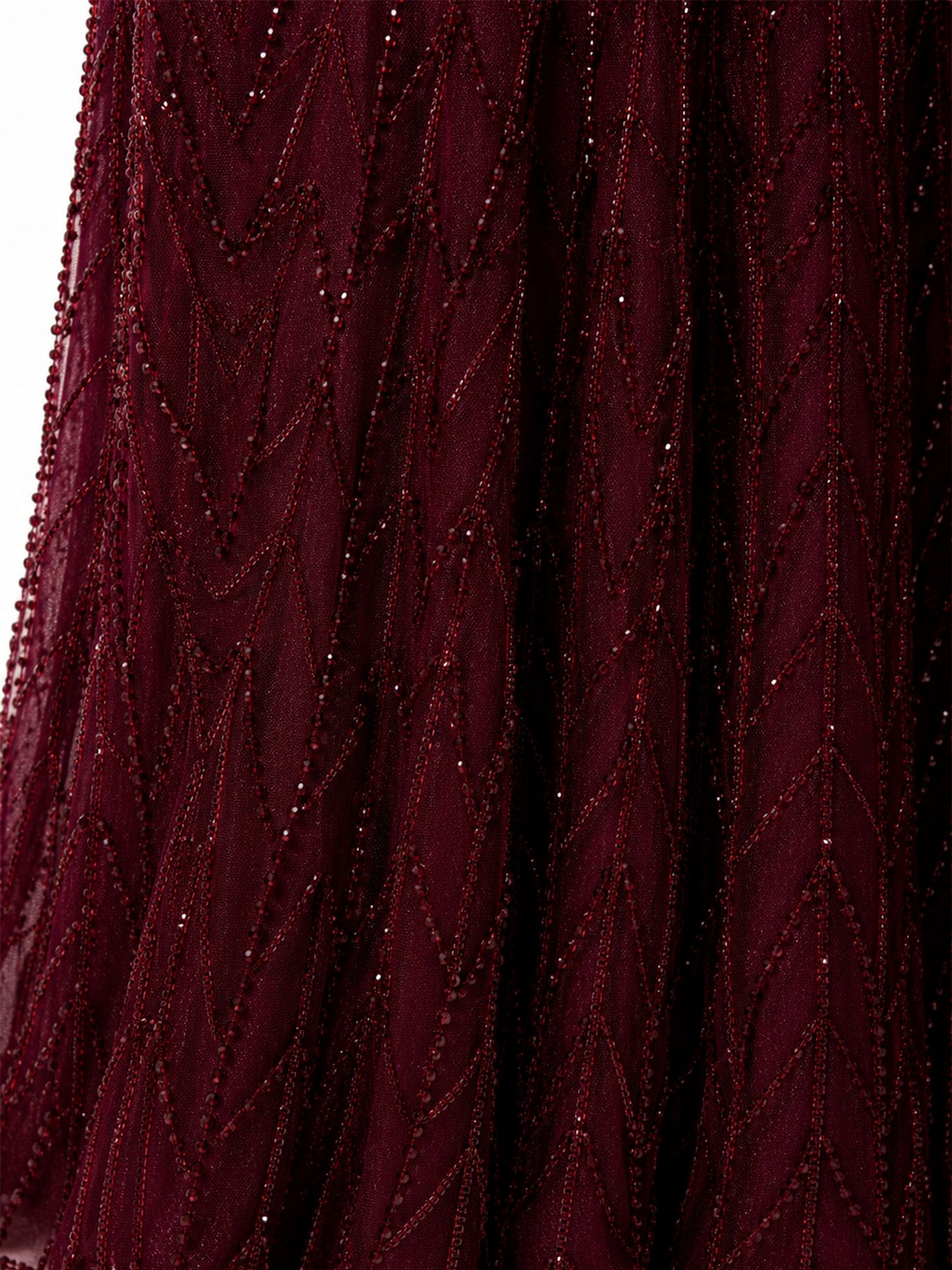 Beaded skirt texture detail — burgundy luxury evening gown Saudi Arabia | SO. by Sora