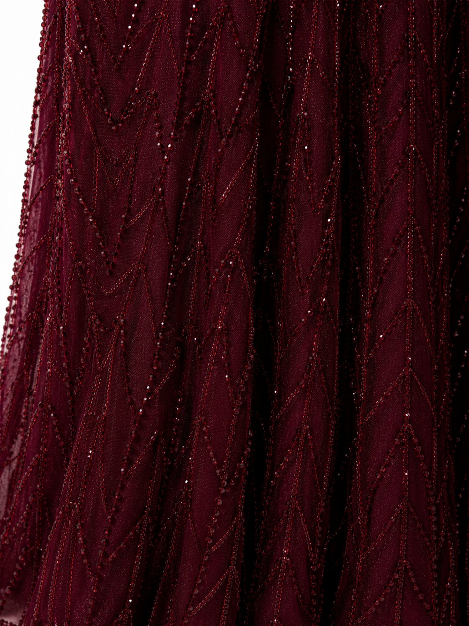 Beaded skirt texture detail — burgundy luxury evening gown Saudi Arabia | SO. by Sora
