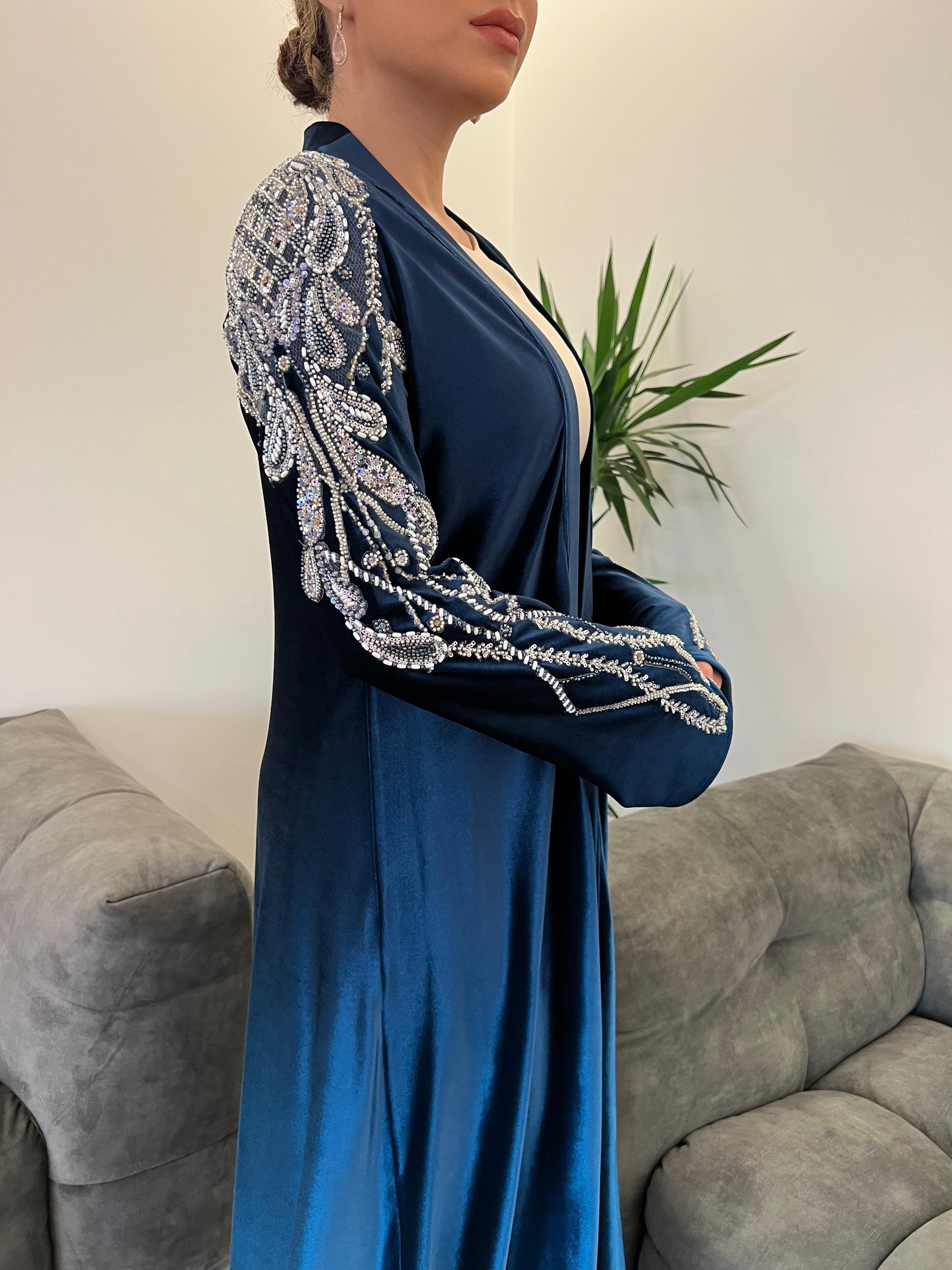 Rochelle Midnight Teal Crystal-Embellished Velvet Abaya