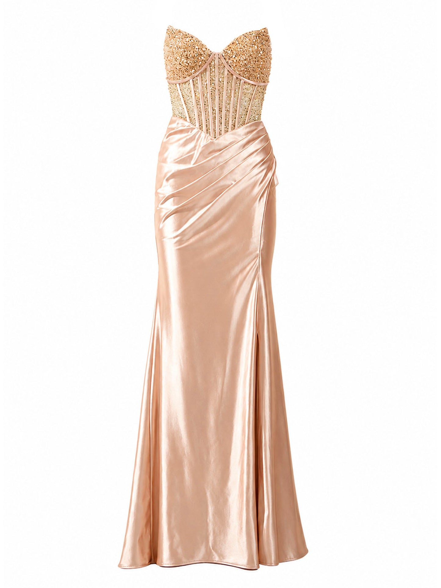 Brasix champagne satin corset mermaid gown front — luxury evening dress Saudi Arabia | SO. by Sora