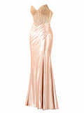 Brasix champagne satin mermaid gown side view — designer formal dress KSA | SO. by Sora