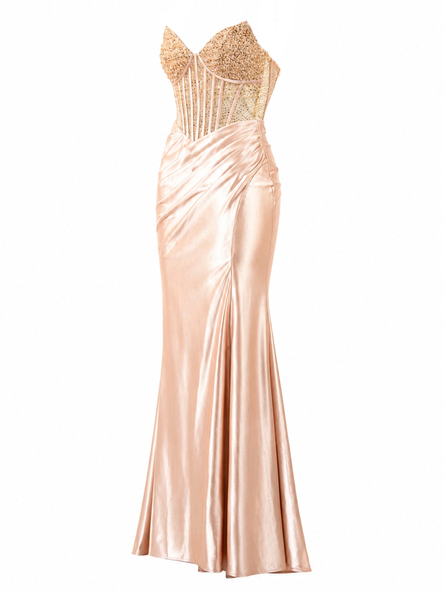 Brasix champagne satin mermaid gown side view — designer formal dress KSA | SO. by Sora