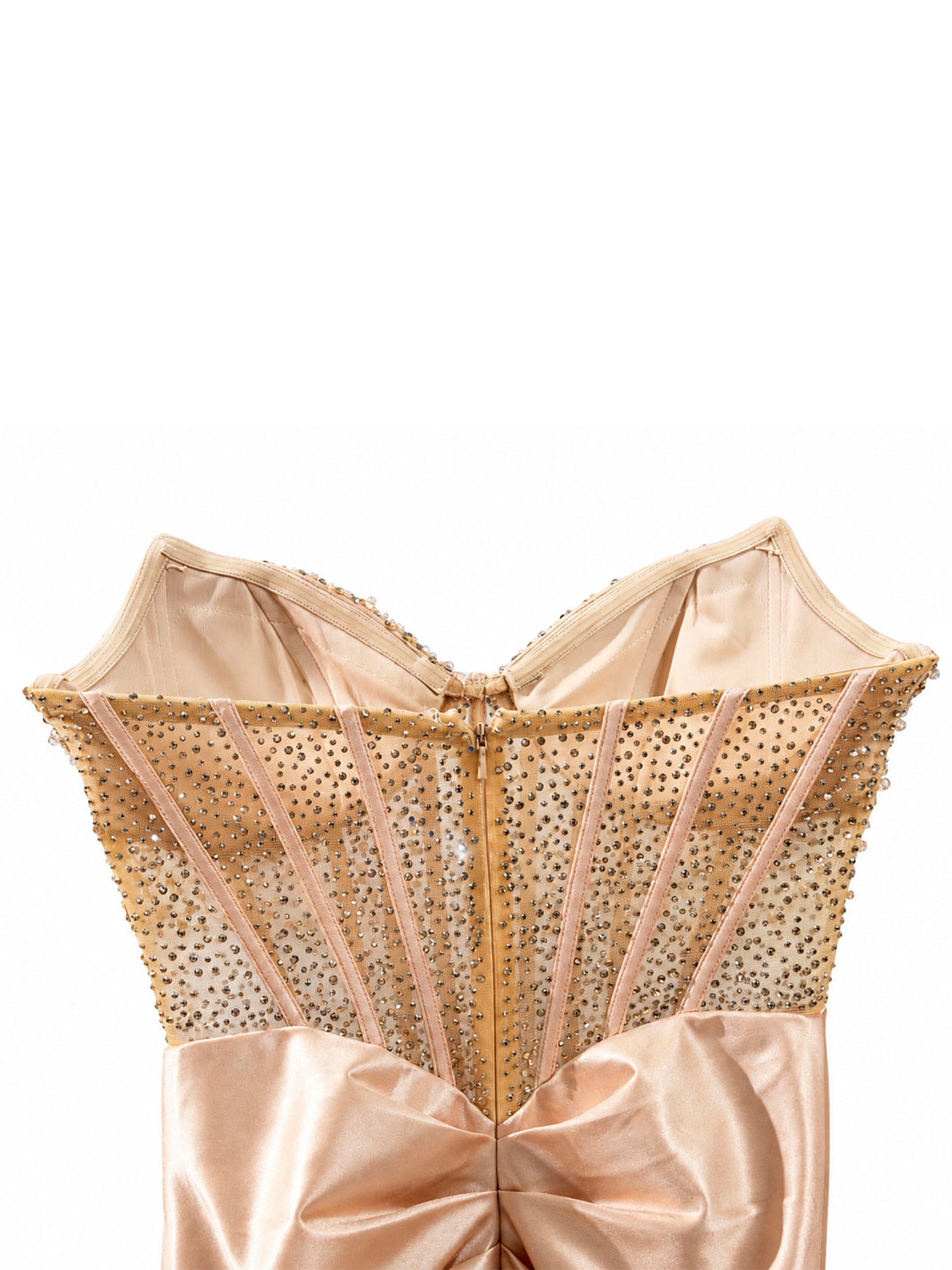 Brasix crystal-beaded corset bodice detail — champagne satin evening gown | SO. by Sora
