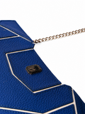 Gold-tone chain and jewel-cut logo plaque detail — cobalt blue leather bag | SO. by Sora