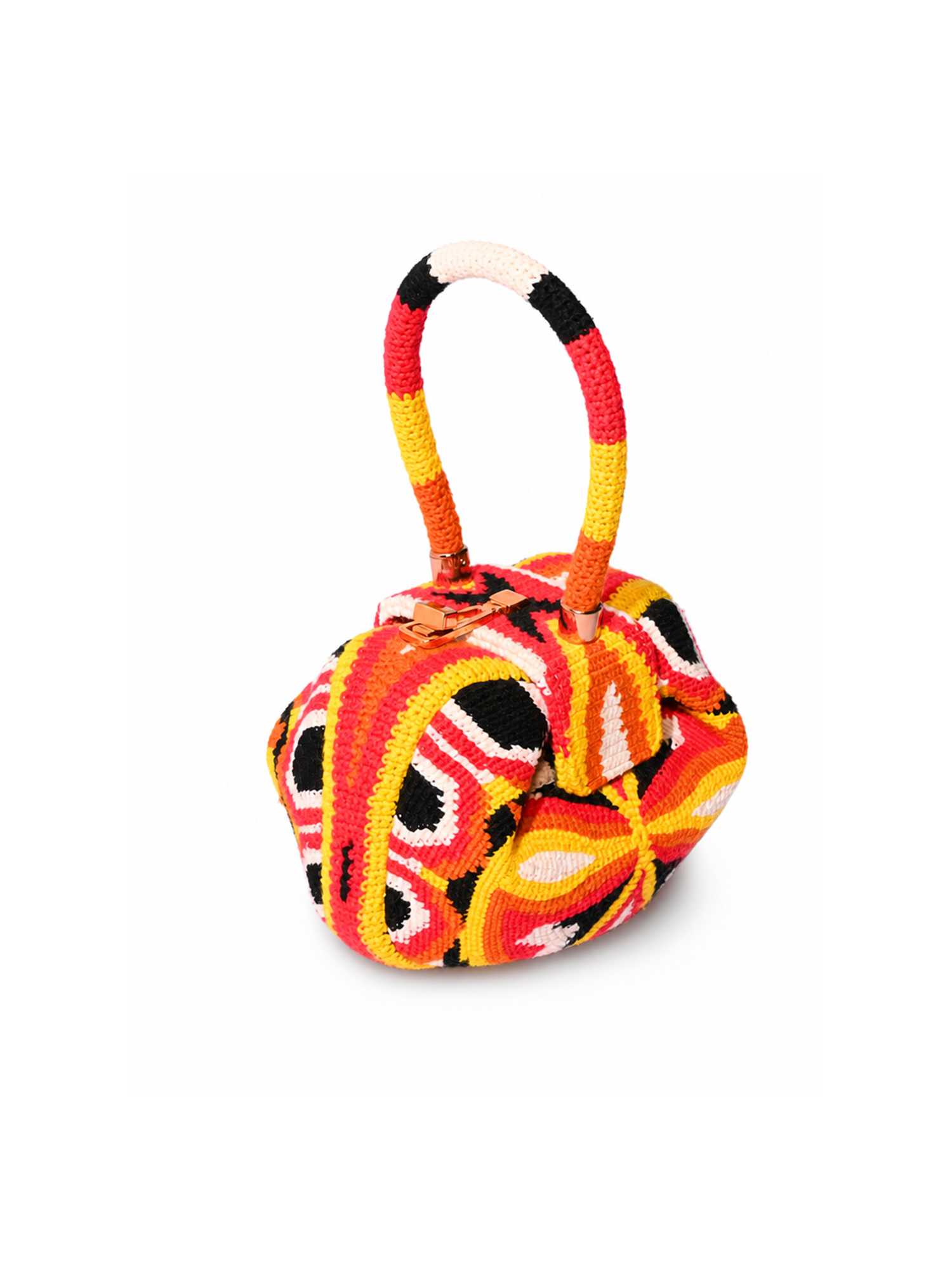 Hand-crocheted multicolor frame bag angle view — buy statement handbags online KSA | SO. by Sora