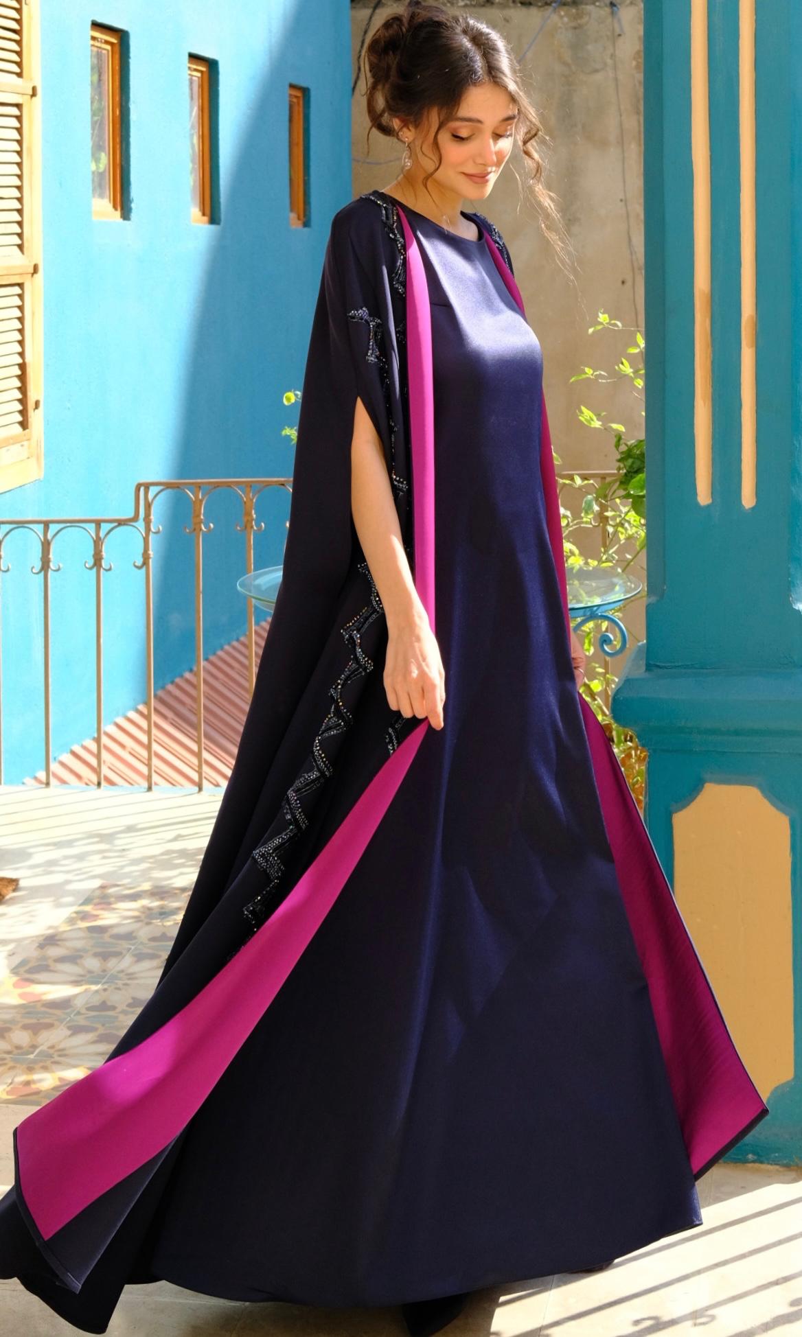 Rochelle Zigzag Crystal Cape Abaya in Navy