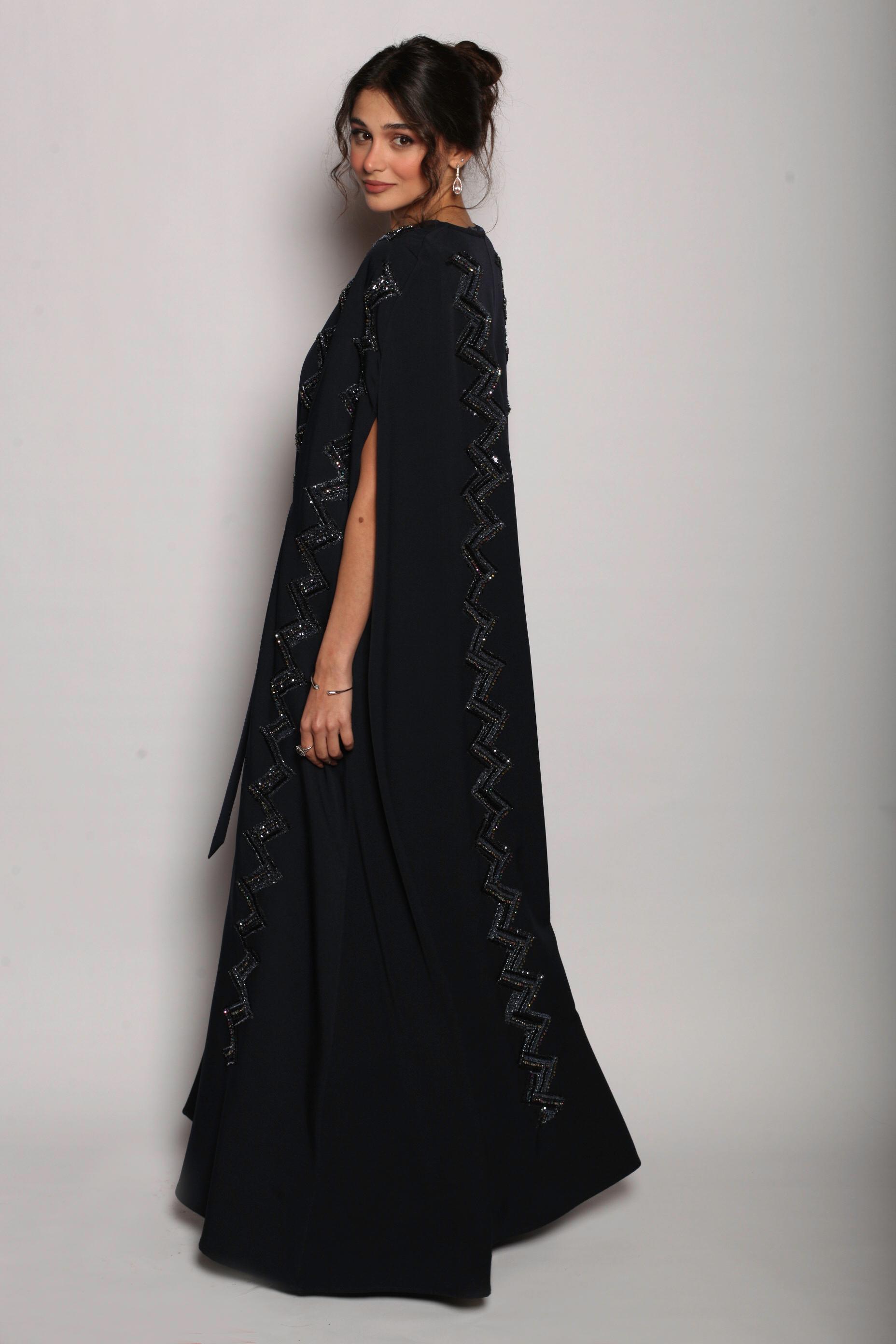 Rochelle Zigzag Crystal Cape Abaya in Navy