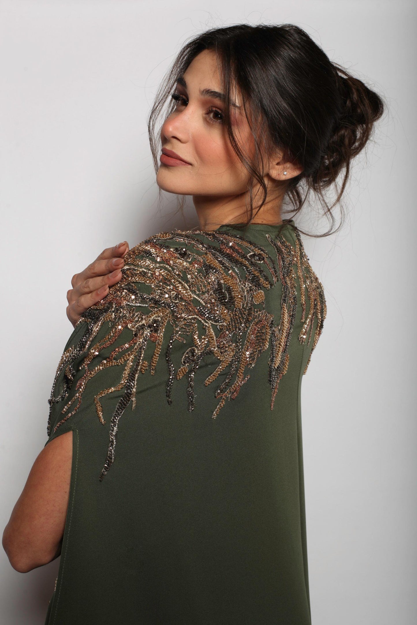 Rochelle Embellished Cape Abaya in Olive Green