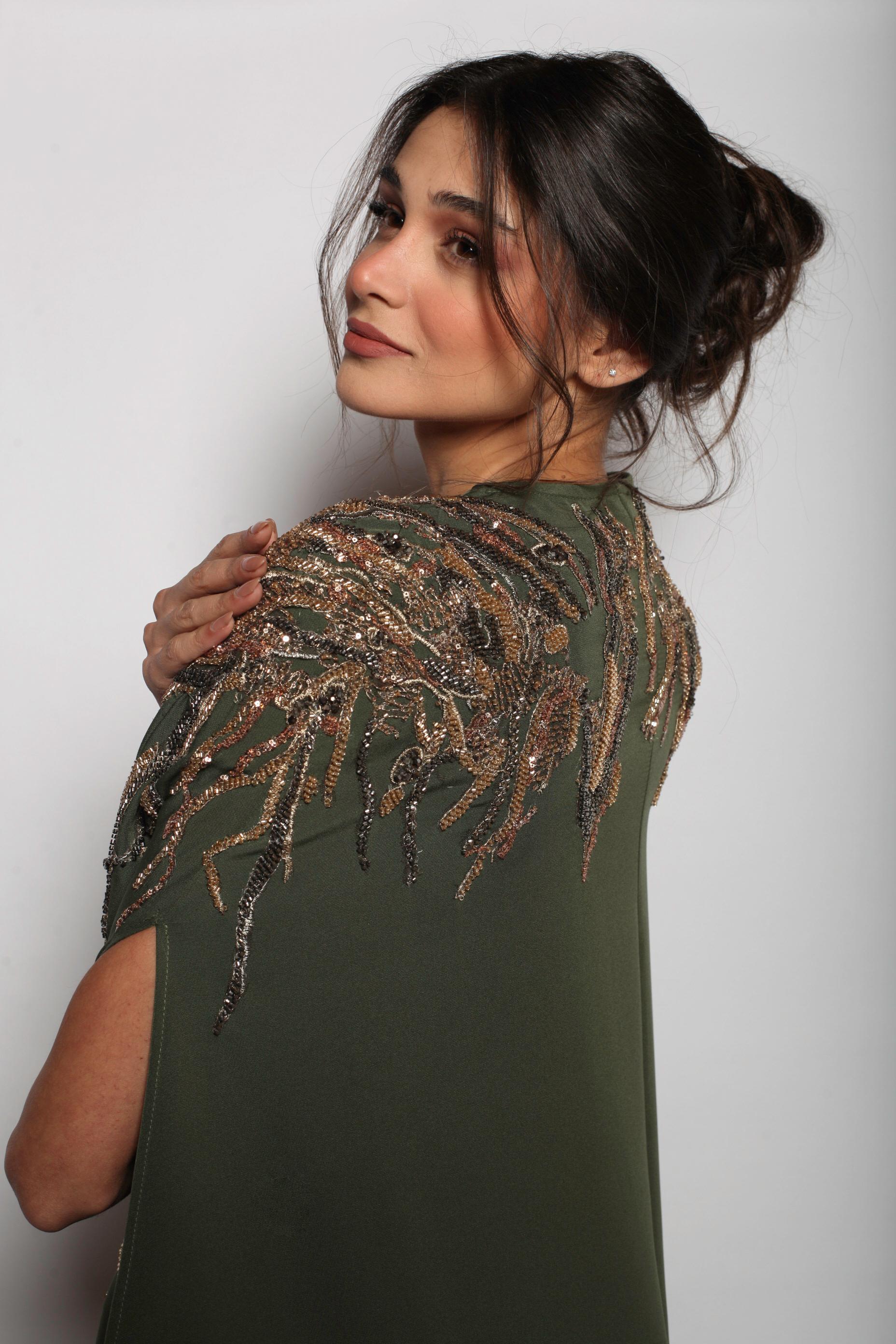 Rochelle Embellished Cape Abaya in Olive Green