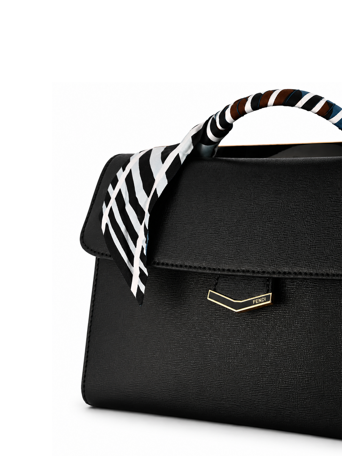 Fendi gold turn-lock and logo plaque detail — black leather Demi Jour bag | SO. by Sora
